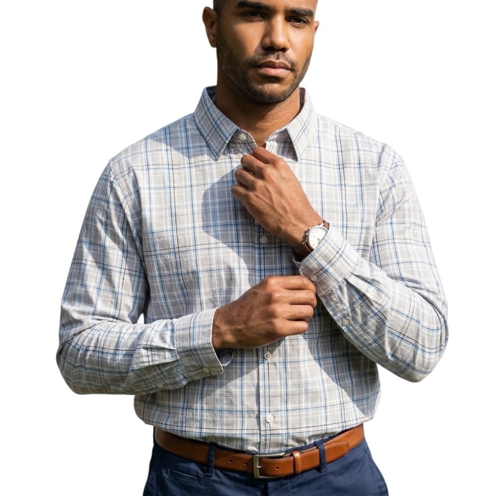 Van Heusen XXL Slim Fit Never Tuck Blue Plaid Long Sleeve Button Up Shirt